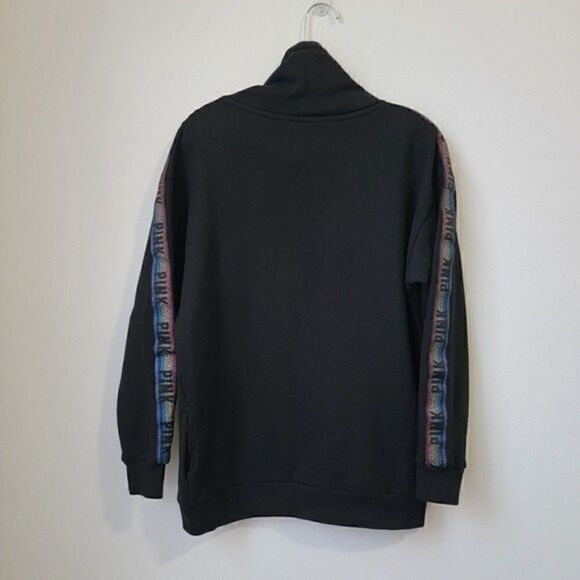 PINK Victoria's Secret Bling Logo Cowl Neck Rainbow Sleeve Sweatshirt Black XS - Picture 10 of 10